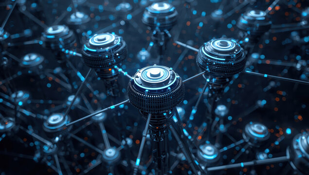 Futuristic network nodes glowing with blue lights and metallic connectors, high fidelity sci fi