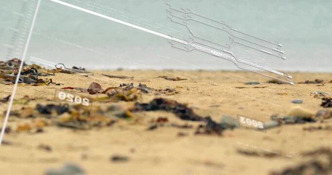 HUD overlays sliding in, diagonals sweeping shore, camera pulling focus showing years for tech