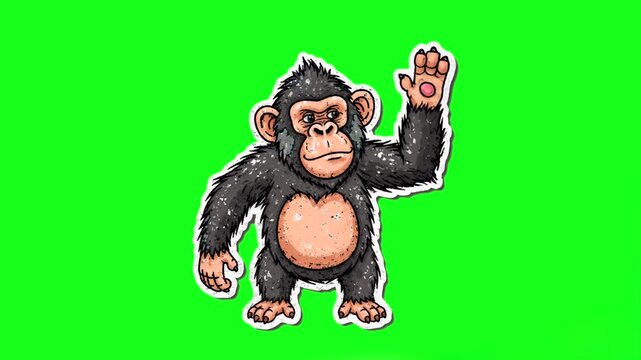 A textured 2D cartoon chimpanzee or monkey character stands in place and dances while raising his hand. The funny looping animation is set against a solid green screen backdrop.