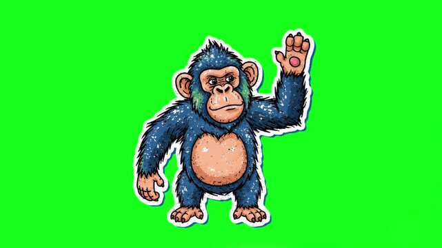 A cheerful 2D animated monkey character waving its hand. Isolated on a green screen for easy chroma key compositing in educational, wildlife, or fun children's video conte