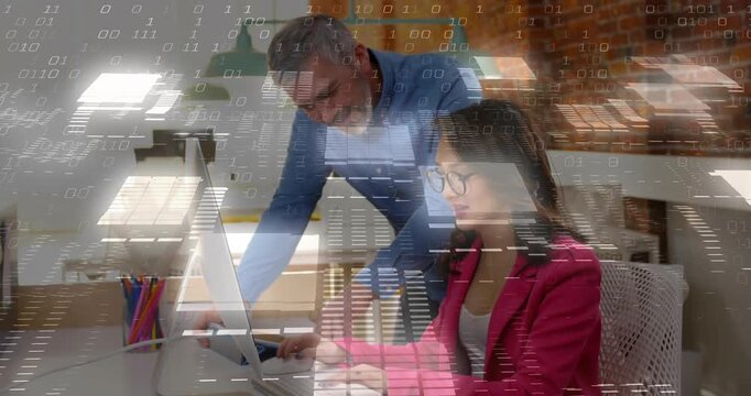 Woman at screen typing, male coworker leaning to point starting office review via data overlay