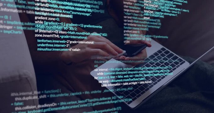 Woman tapping phone and typing laptop on couch, initiating coding work while code overlay expanding