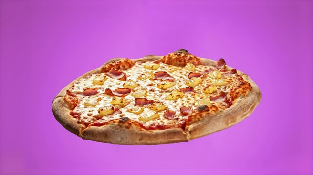 A delicious whole pizza topped with ham and pineapple chunks resting on a vibrant purple background. This 3D render is designed for restaurant menus, food delivery promotions, and modern fast food bra