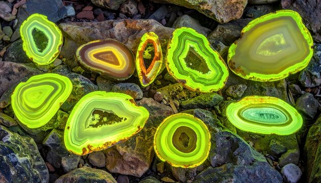 Fluorescent Agate Slices Glowing Under UV Light, Displaying Vibrant Green and Yellow Hues.