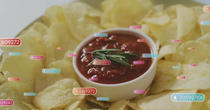Vertical video: Badges appearing and clustering around white bowl of salsa with chips and rosemary