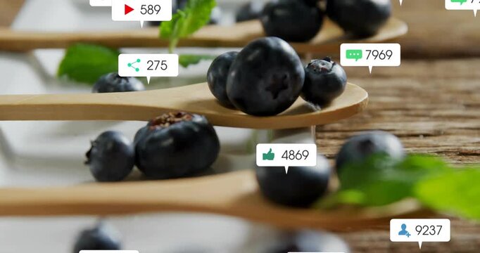 Engagement increasing, icons appearing over 3 wood spoons with berries, mint, grouping for food ads