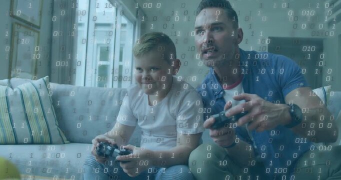 Father and son pressing controls, gaming on sofa, binary overlay intensifying, father coaching
