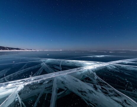 Frozen Lake Baikals Cracked Ice Surface Under a Clear Blue Sky.