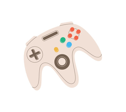 Flat retro joystick gamepad as sticker design in beige with bold button elements. Console controller for videogame player, unique joy stick gadget for classic video game and electronic entertainment