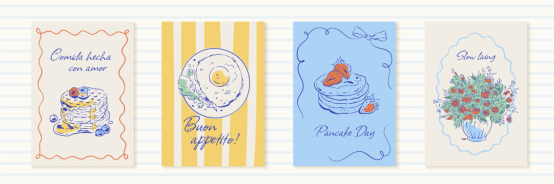 Whimsical french breakfast banner set in soft blue and yellow. Cute cafe cards show pancakes with egg and strawberry as cozy dessert food. Hand drawn ink line doodle frames work as poster or print