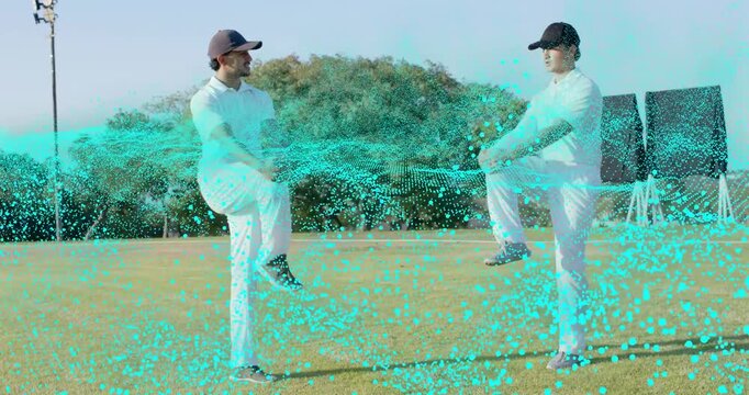 Two cricketers holding mirrored pose, turquoise wave sweeping between them, one stepping down
