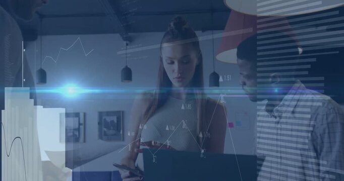 Woman toggling phone and pointing at laptop, causing HUD charts linking model and business data