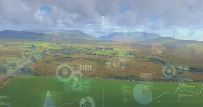 Aerial drone activating mapping feed and fading in faint HUD charts over rural moorland fields