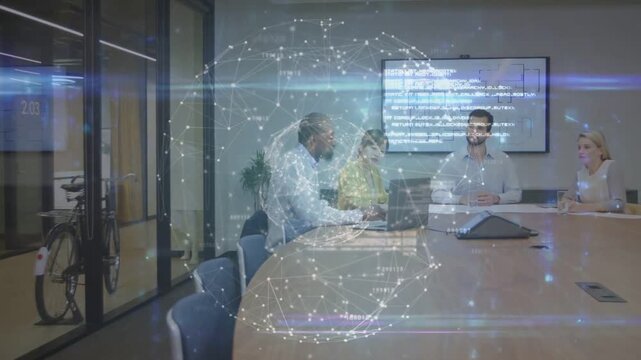 Lead pointing at laptop, team leaning, typing, talking to revise plan while data globe drifting