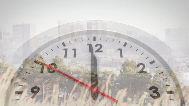 Centered translucent clock starting at 9, red second hand sweeping past 10 and 11, showing time