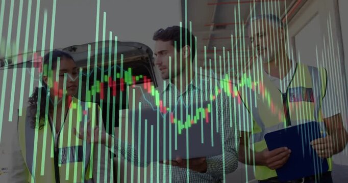 Joining group, woman starting hivis team checking laptop by open van hatch for stock, chart overlay