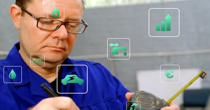 Male tech extending tape, measuring and noting sizes for utility with green icons hovering