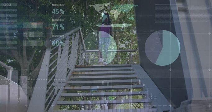 Woman stepping, descending stairs to camera for fitness while % charts and map growing around her