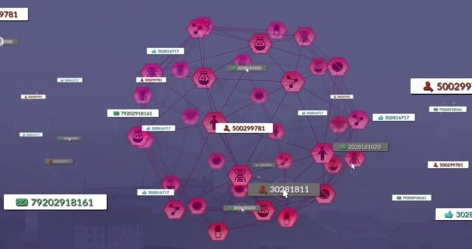 Vertical video: Pink hex-node sphere turning, cursor pulsing, flagging numeric tags for health tech