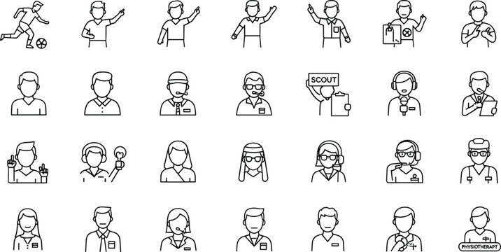 Sports Staff and Medical Team Outline Icon Set with Coaches, Referees, Scouts and Physiotherapist Characters Collection Isolated on White Background