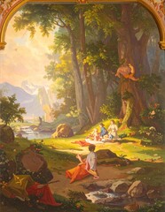 Fototapeta premium Idyllic Picnic Scene in a Lush Forest Landscape Painting.