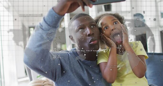 Dad-daughter angling phone taking pics in home map tech overlay animating over faces checking shots