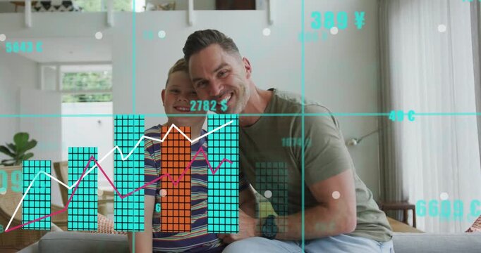 Dad placing hand on son's shoulder on sofa, starting finance charts with rising bars and numbers