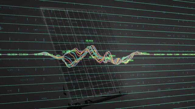 Sensor data feeding colored waveform traces on tilted panel, labels updating peaks for lab analysis