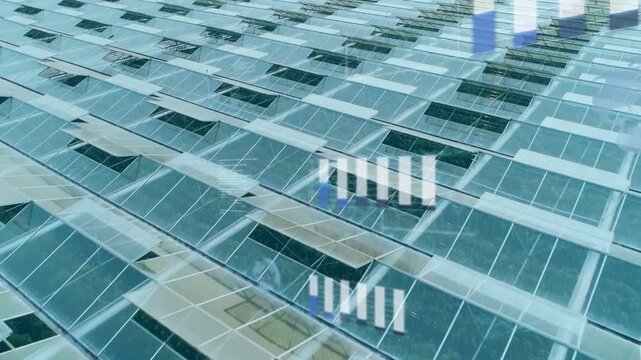 Greenhouse roofs filling frame, camera pulling back and panning, HUD bars rising and scanning panes
