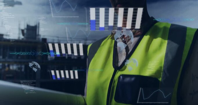 Construction engineer scanning site, scrolling tablet, activating HUD charts over plans for review