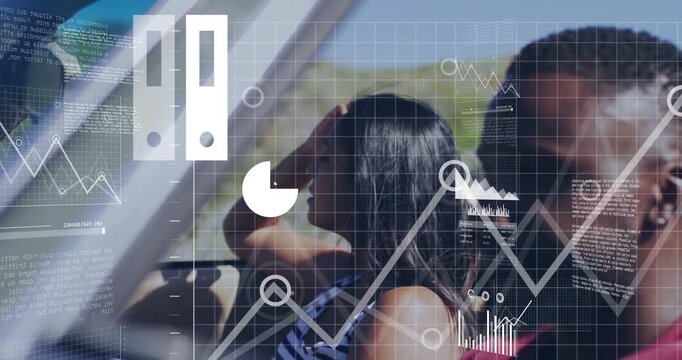 Cloud icon appearing over pair, passenger brushing hair, driver steering, tech charts showing route
