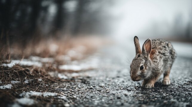 Wild rabbit in winter forest sitting on frosty ground