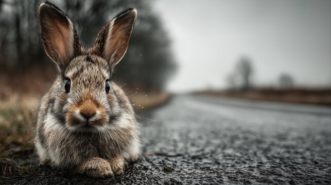 Wild hare sitting on asphalt road close up portrait blurred background