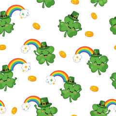 Fototapeta premium Lucky Shamrock Characters with Rainbows and Gold Coins Pattern for St Patricks Day Celebrations.