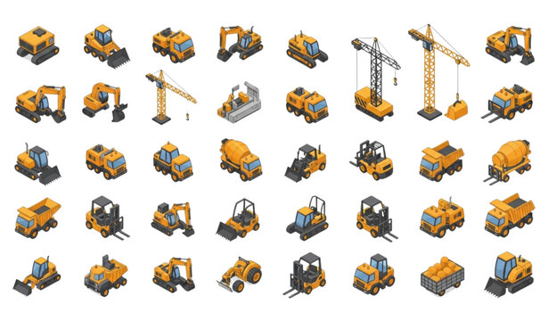 Isometric construction equipment mega set with excavators dump trucks cranes and concrete machinery for engineering and industrial design