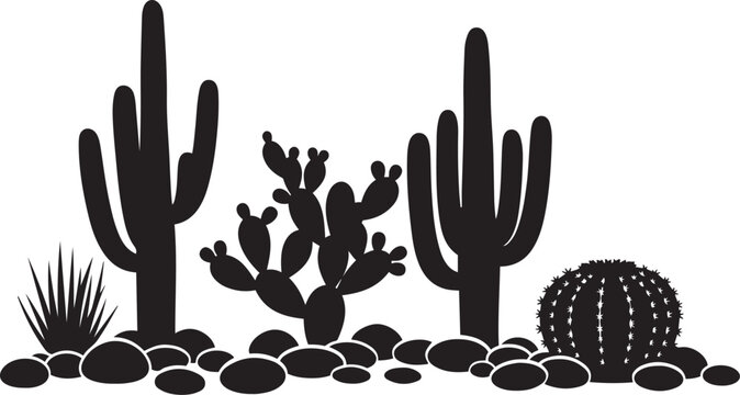 Desert Cactus Silhouette with Stones and Grass Minimalist Vector Art Isolated on White Background