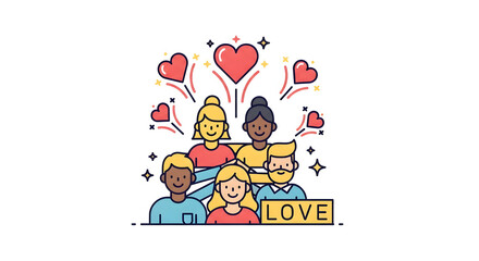 Naklejka premium Diverse Group of People with Floating Hearts and Love Sign