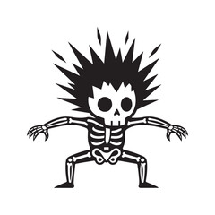 Funny shocked cartoon skeleton with spiky hair, black and white cute Halloween monster character vector silhouette illustration  © Journey