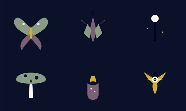 Collection of six pixel art icons featuring various shapes like a butterfly, spaceship, and mushroom
