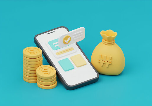 Mobile payment confirmation with coins and money bag 3D illustration