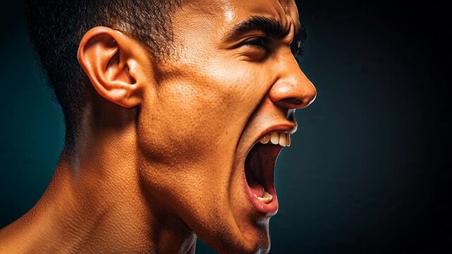 Intense portrait of a young man yelling in frustration showcasing raw emotion and anger with dramatic lighting and a dark moody background for powerful visual impact