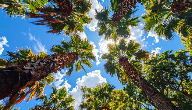 A low-angle shot of palm trees against a bright blue sky