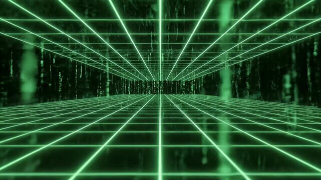 Futuristic neon grid pattern on black digital background
