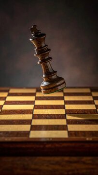Dark Chess King Falling on Wooden Board - Strategic Game Over.