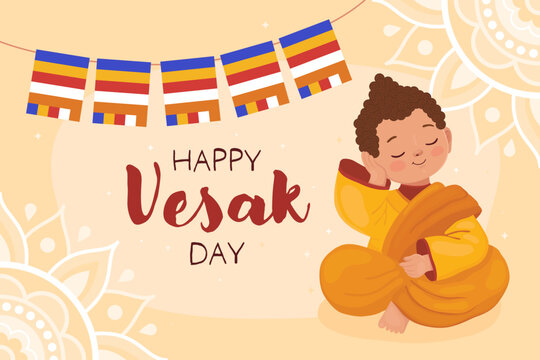 Happy Vesak day, card for buddhist holiday. Cute character, little boy Buddhist monk in yellow clothes and a garland of Buddhist flags.  Thoughtful smiling monk.