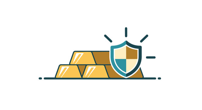 Gold bars with shield protection symbol. Vector Illustrations. EPS Editable
