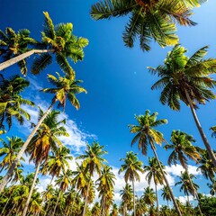 Obraz premium A low-angle view of tall palm trees against a bright blue sky
