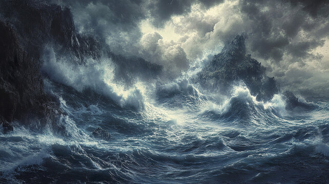 Turbulent ocean scene with roaring waves smashing against dark rocky cliffs under stormy cloudy sky, evoking dramatic and powerful natural atmosphere