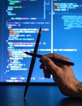Hand holding pen in front of computer screen with code.