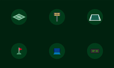 Hand-drawn collection of soccer stadium infrastructure elements including pitch floodlights stands flags and scoreboards for professional authentic illustration © MdFarhad